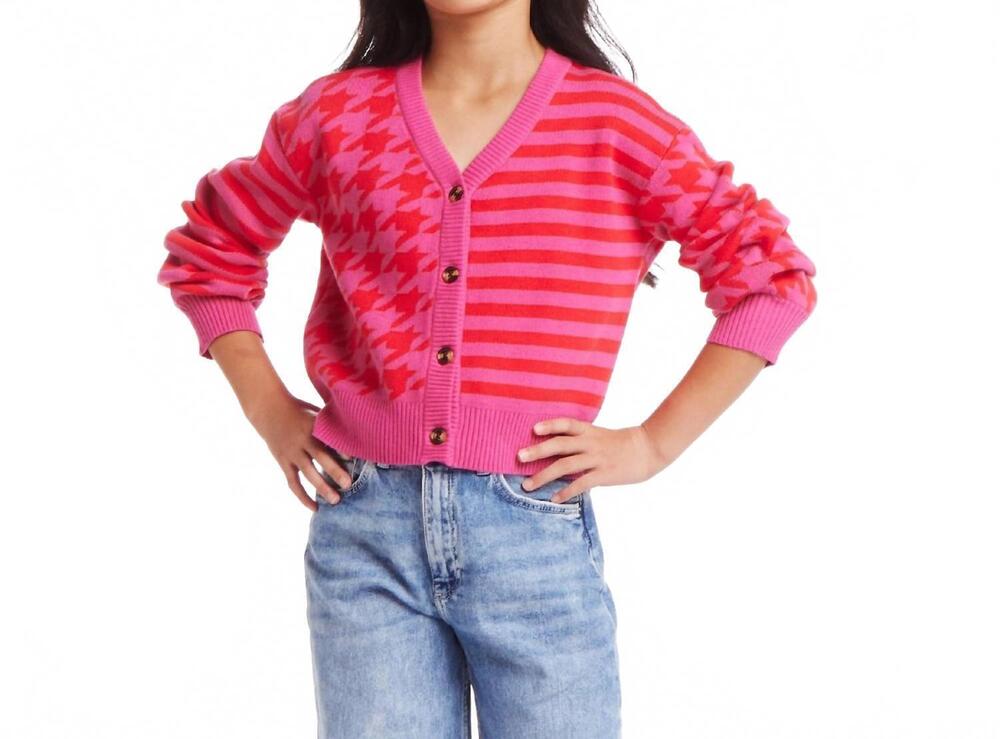 NEW ANDY & EVAN girl's houndstooth n' striped cropped cardigan in pink/ red